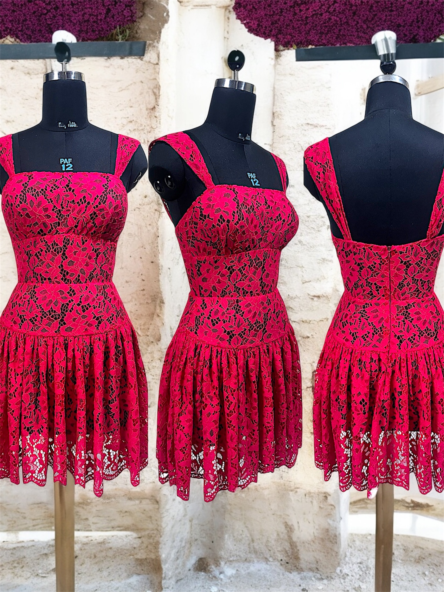 Fuchsia pink lace short dress